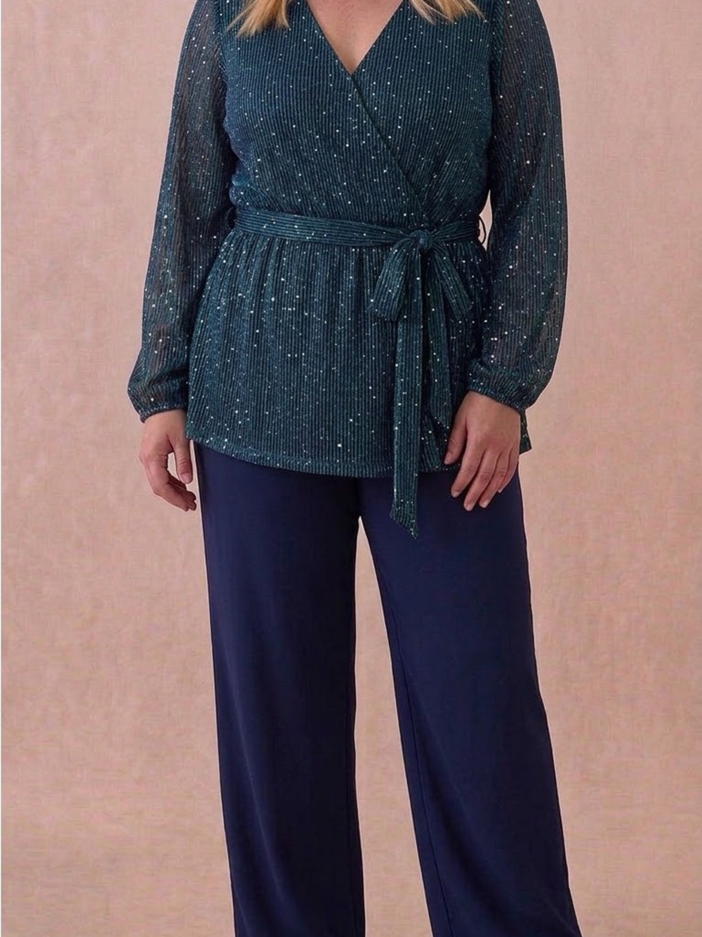 BloomChic Teal Sparkle Wrap Blouse with Self-Tie